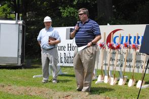 Owners of Cirrus Construction Inc., (from left) Charlie Hall and Scott Flanagan, presented a quick overview of the building project during last Thursday’s groundbreaking ceremony in Eden. 