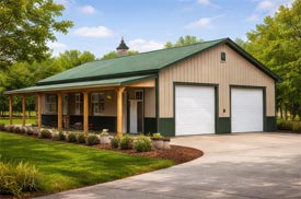 Modern pole barn construction with covered porch and garage bays ideal for workshop or equipment storage