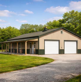 Spacious post-frame garage building with overhead doors designed for equipment storage and rural properties