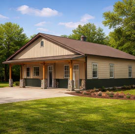 Custom-built pole barn with covered porch and metal roofing suitable for workshop, garage, or hobby space